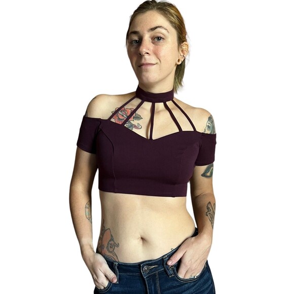Charlotte Russe Harness Choker Crop Top Strappy Halter Shirt Medium M Purple - Picture 11 of 15